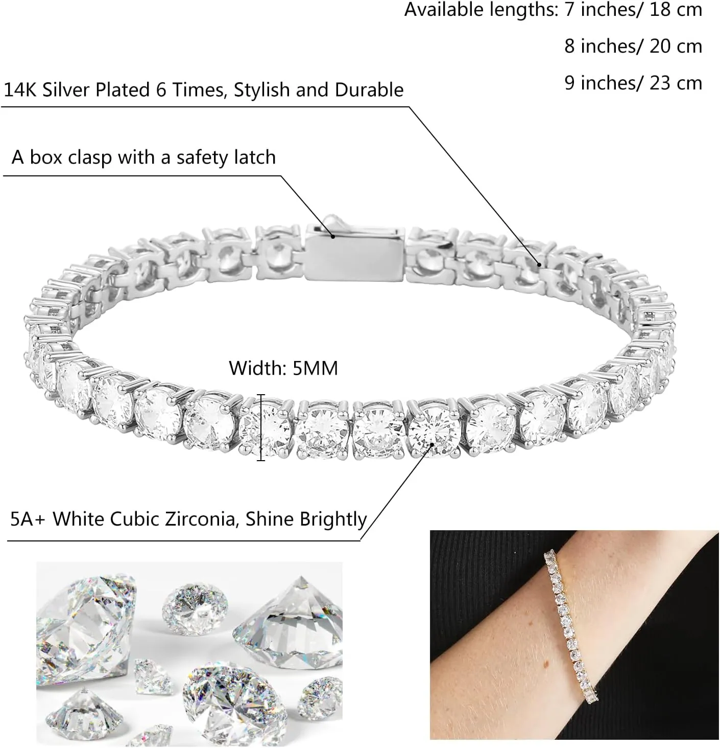 Tennis Bracelets for Women Trendy Dainty 14K Golden Silver Plated 5MM Pink Green Cubic Zirconia Brithstone Charm Bracelet for Men