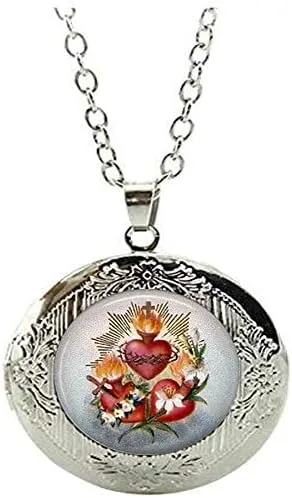 Three Sacred Hearts with Flowers Locket Necklace Heart of Jesus Religious Jewelry Gift