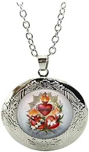 Three Sacred Hearts with Flowers Locket Necklace Heart of Jesus Religious Jewelry Gift