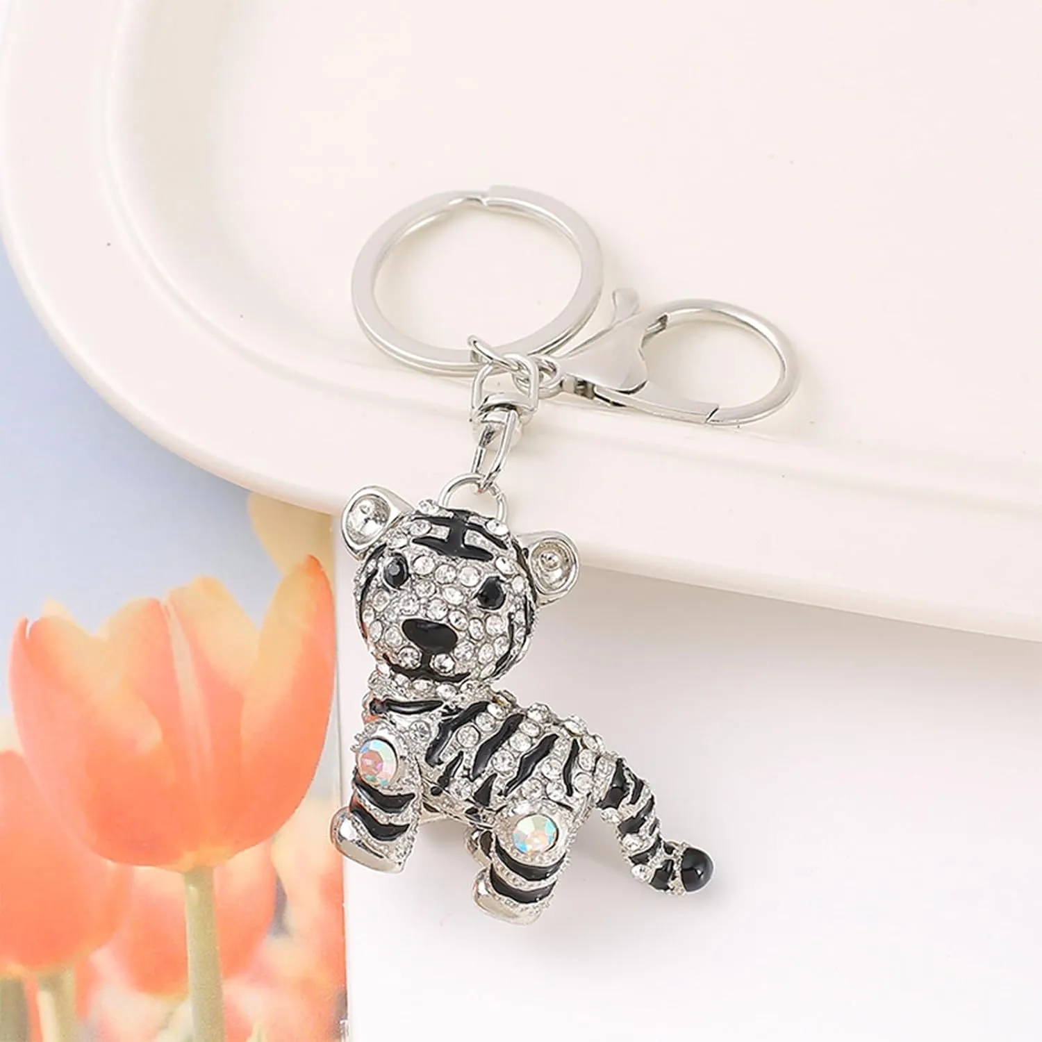 Tiger Keychain for Women - Sparkly Purse Charm with Alloy and Rhinestone - Stylish Key Chain Accessory for Birthday