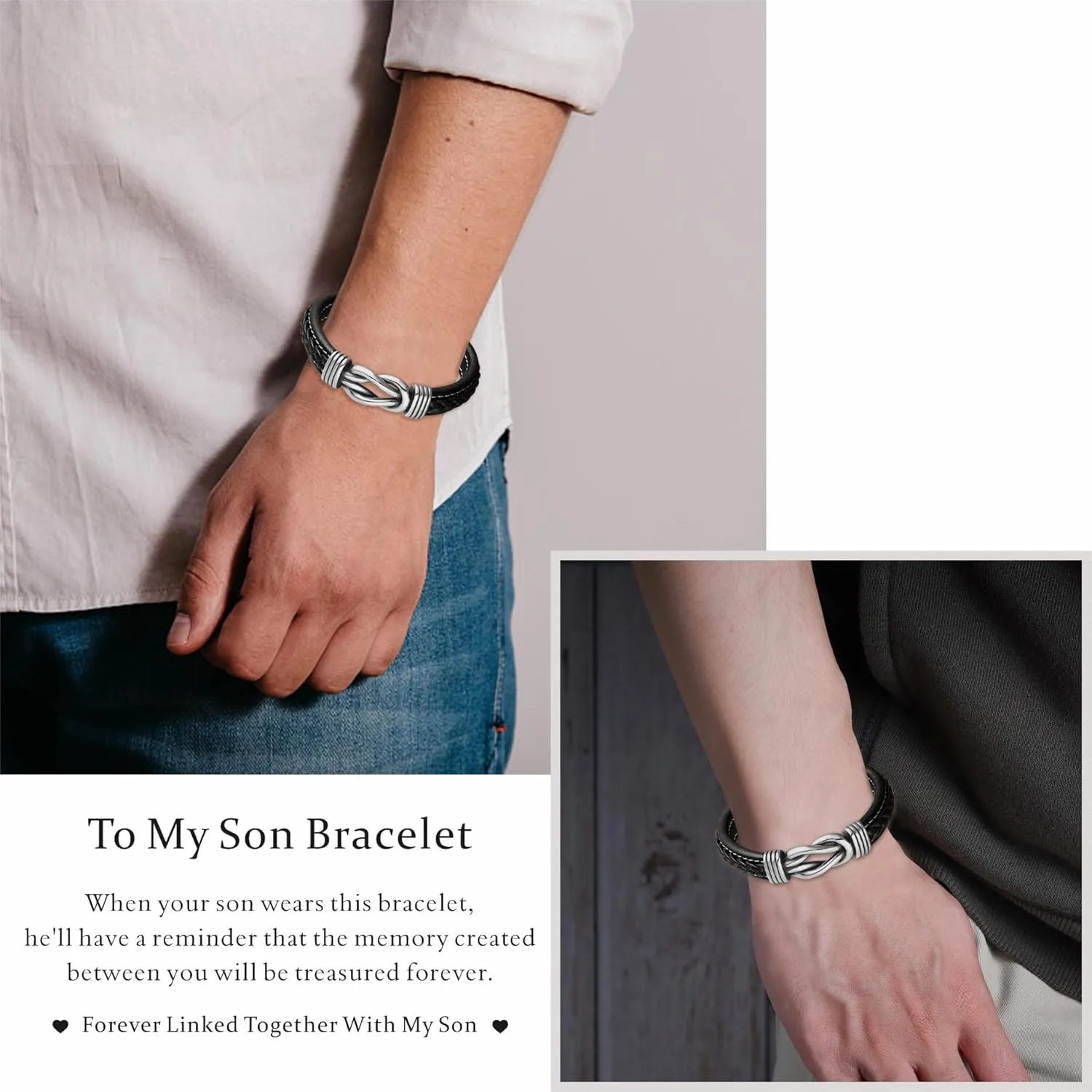 To My Son Bracelet from Mom & Dad Mens Bracelets for Son Black Bracelet Leather Forever Linked With My Son Handmade Men's Braided Rope Bracelets, Back to School Gift, Teenage Boy Birthday Gift,