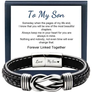 To My Son Bracelet from Mom & Dad Mens Bracelets for Son Black Bracelet Leather Forever Linked With My Son Handmade Men's Braided Rope Bracelets, Back to School Gift, Teenage Boy Birthday Gift,