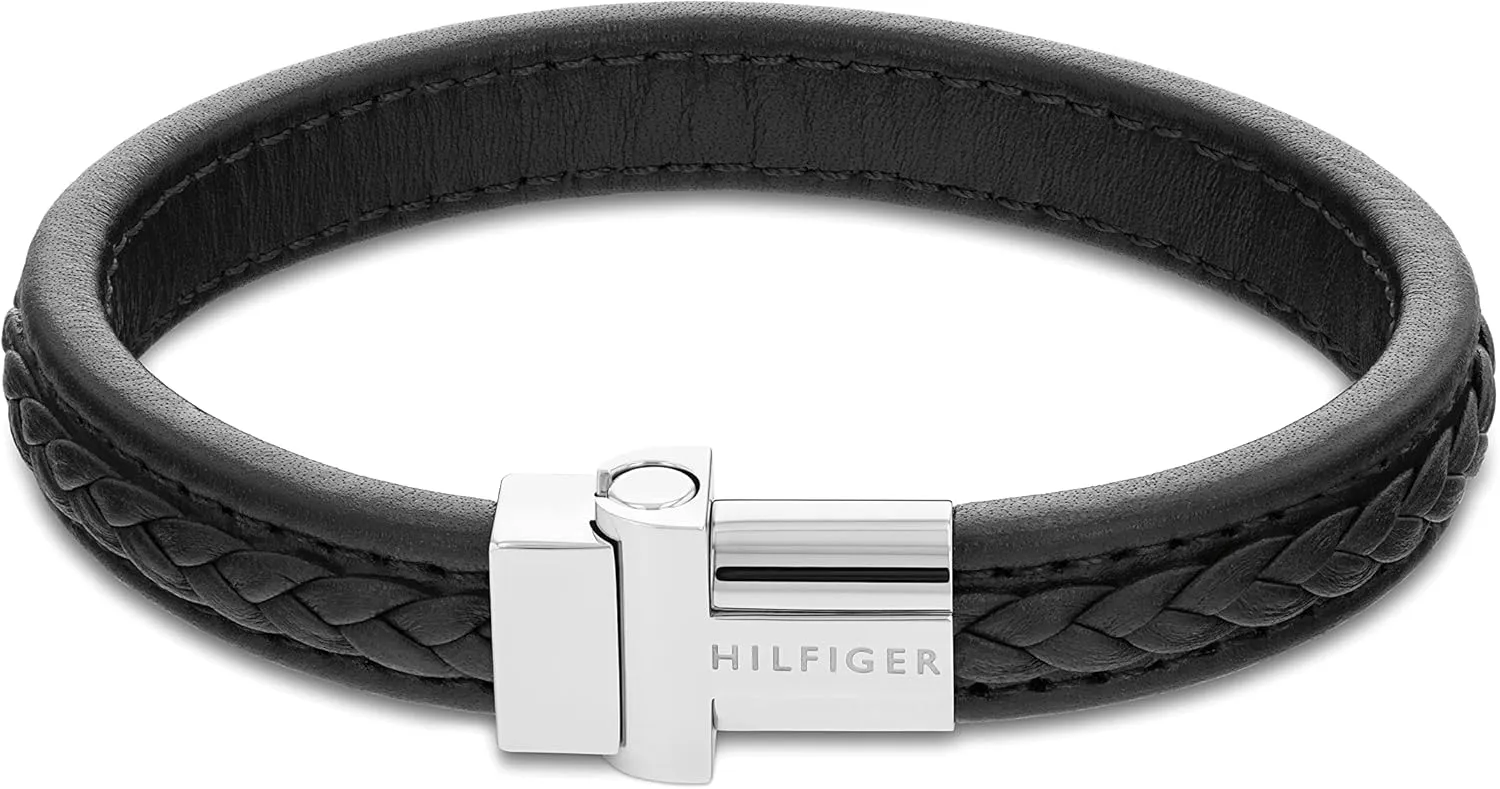 Tommy Hilfiger Jewelry Men's Magnetic Braided Stainless Steel & Black Leather Bracelet Color: Black (Model: 2790375)