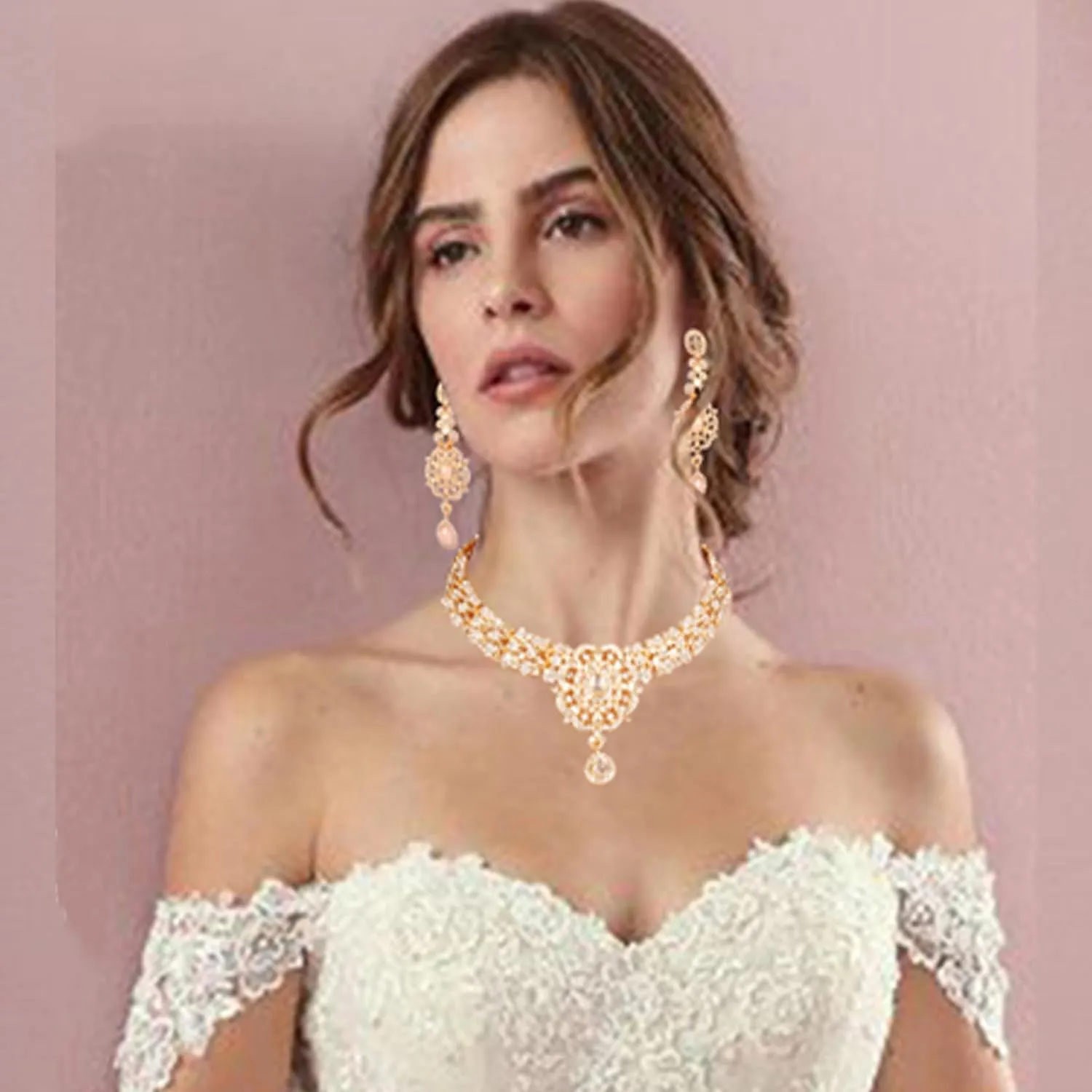 Touchstone Indian Bollywood Desire Enchanting Floral Diamond Studded Look Rhinestone Bridal Designer Jewelry Necklace Set In Gold or White Tone For Women.