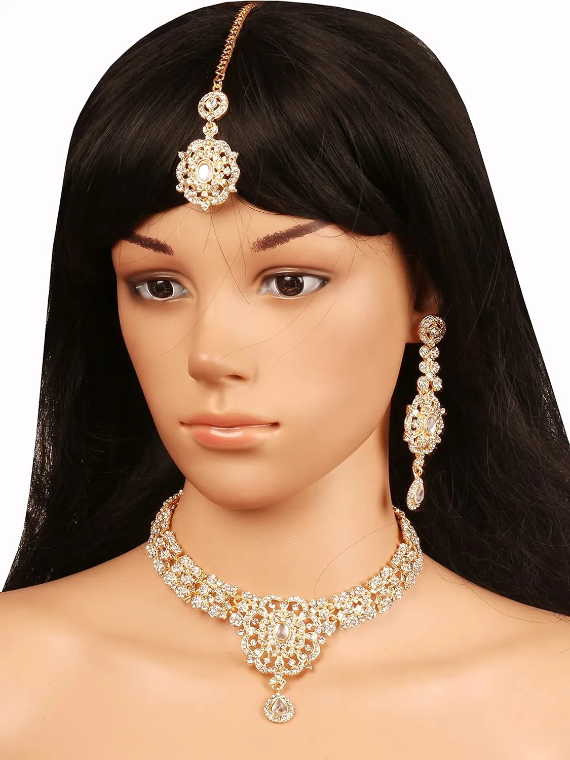 Touchstone Indian Bollywood Desire Enchanting Floral Diamond Studded Look Rhinestone Bridal Designer Jewelry Necklace Set In Gold or White Tone For Women.