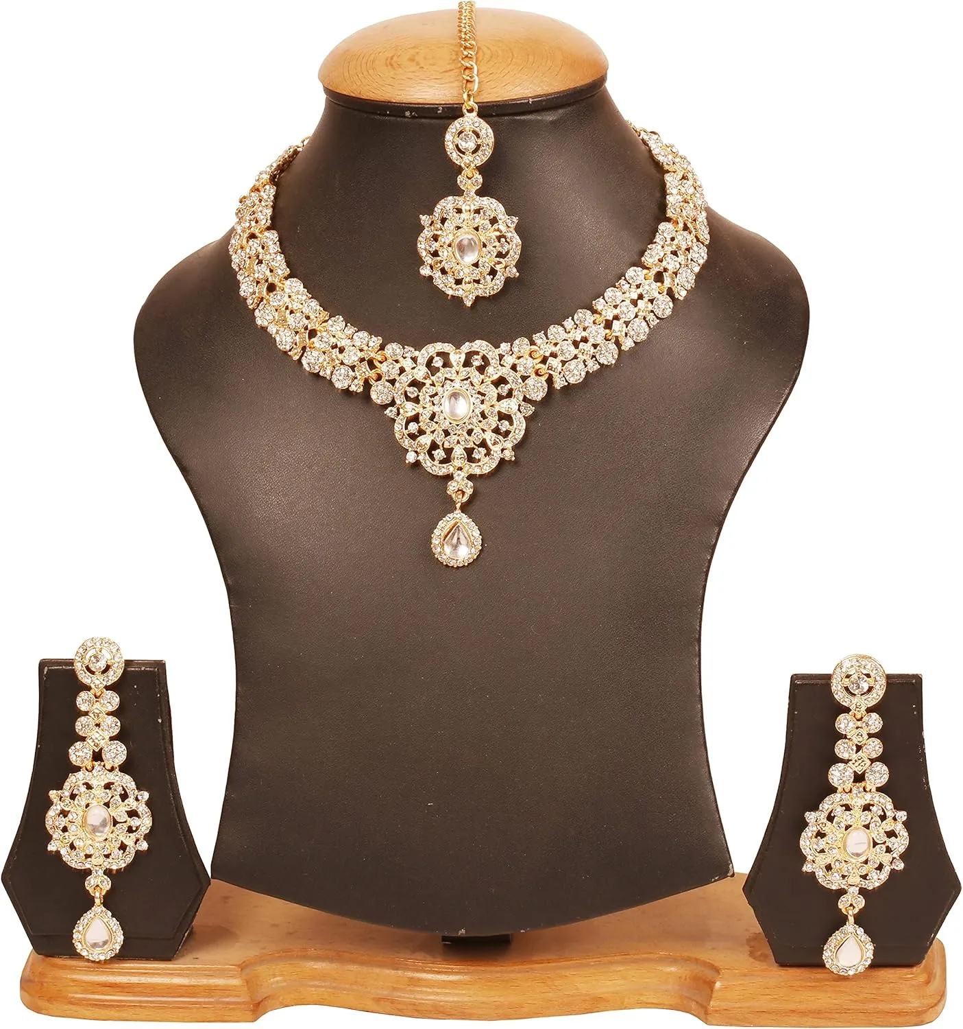Touchstone Indian Bollywood Desire Enchanting Floral Diamond Studded Look Rhinestone Bridal Designer Jewelry Necklace Set In Gold or White Tone For Women.