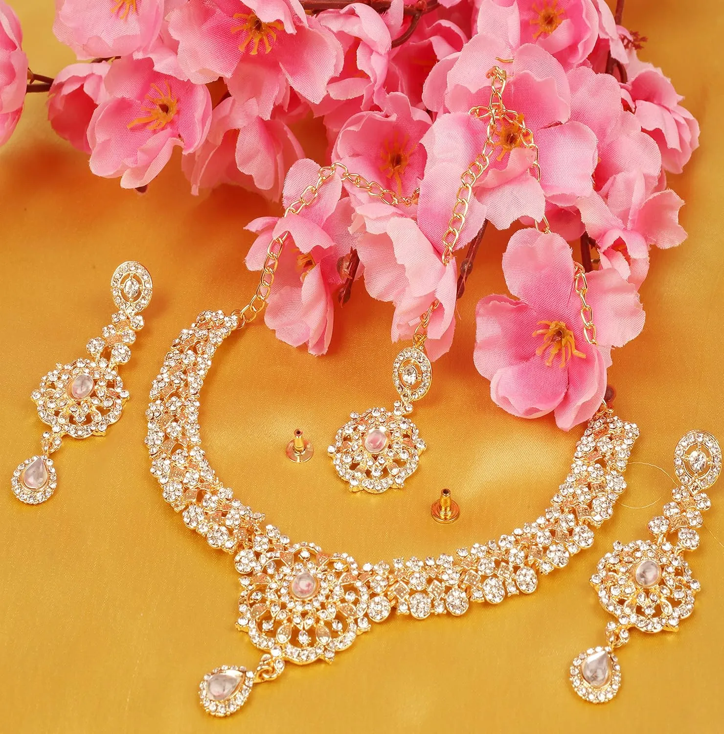Touchstone Indian Bollywood Desire Enchanting Floral Diamond Studded Look Rhinestone Bridal Designer Jewelry Necklace Set In Gold or White Tone For Women.