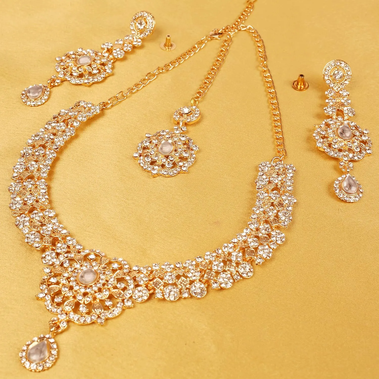 Touchstone Indian Bollywood Desire Enchanting Floral Diamond Studded Look Rhinestone Bridal Designer Jewelry Necklace Set In Gold or White Tone For Women.