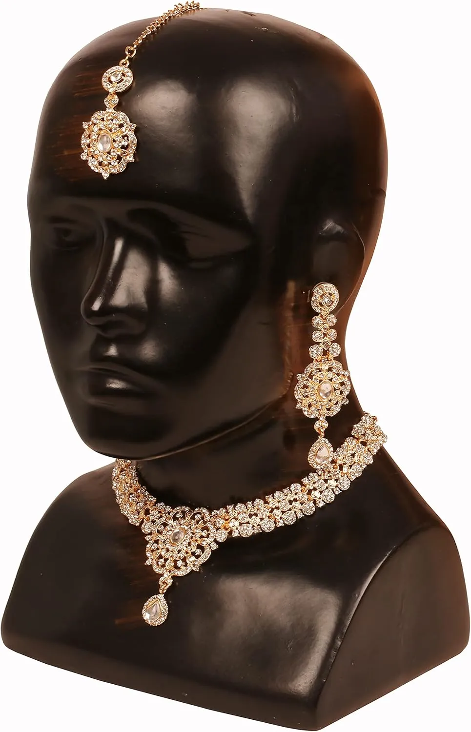 Touchstone Indian Bollywood Desire Enchanting Floral Diamond Studded Look Rhinestone Bridal Designer Jewelry Necklace Set In Gold or White Tone For Women.