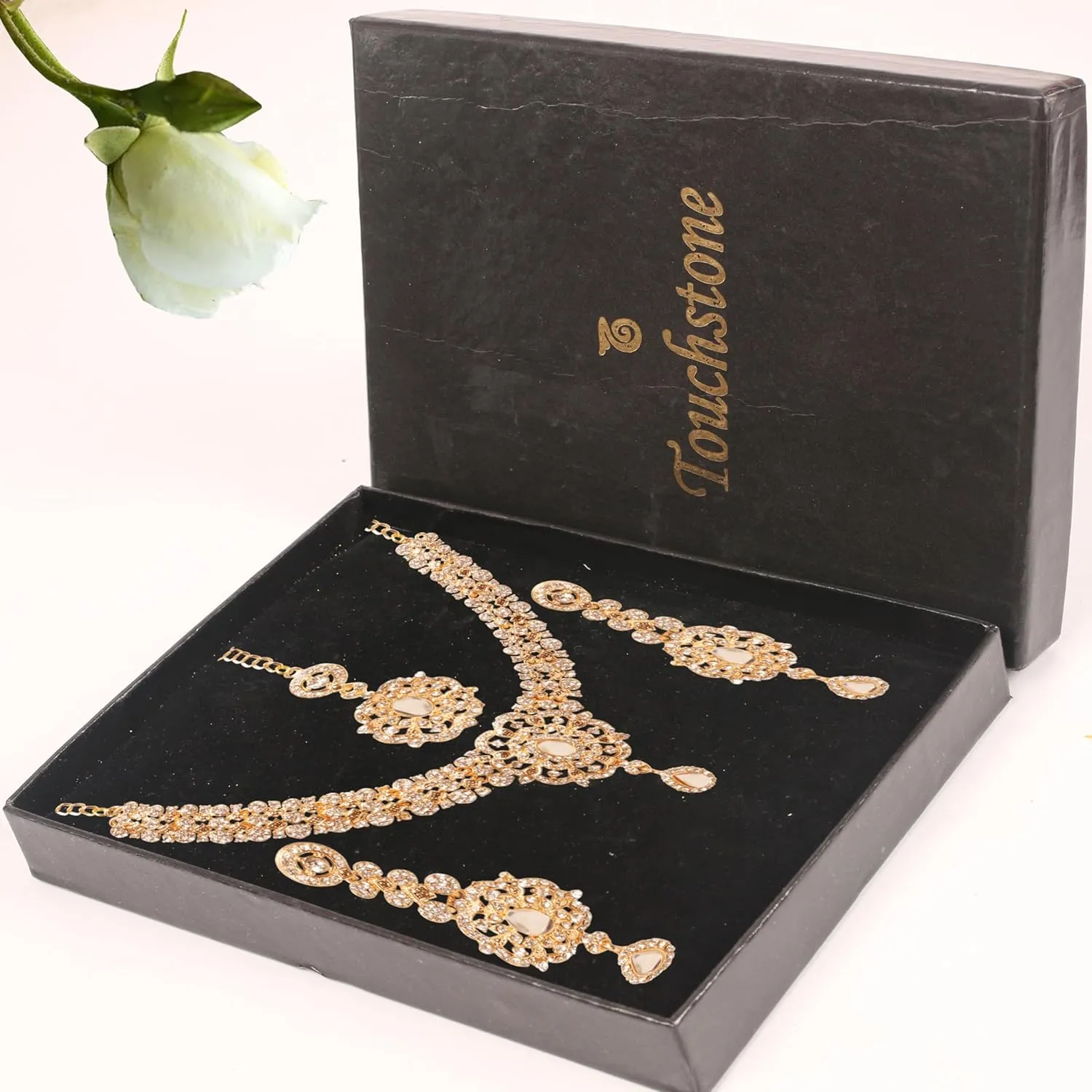 Touchstone Indian Bollywood Desire Enchanting Floral Diamond Studded Look Rhinestone Bridal Designer Jewelry Necklace Set In Gold or White Tone For Women.