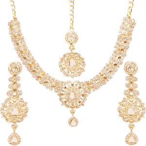 Touchstone Indian Bollywood Desire Enchanting Floral Diamond Studded Look Rhinestone Bridal Designer Jewelry Necklace Set In Gold or White Tone For Women.