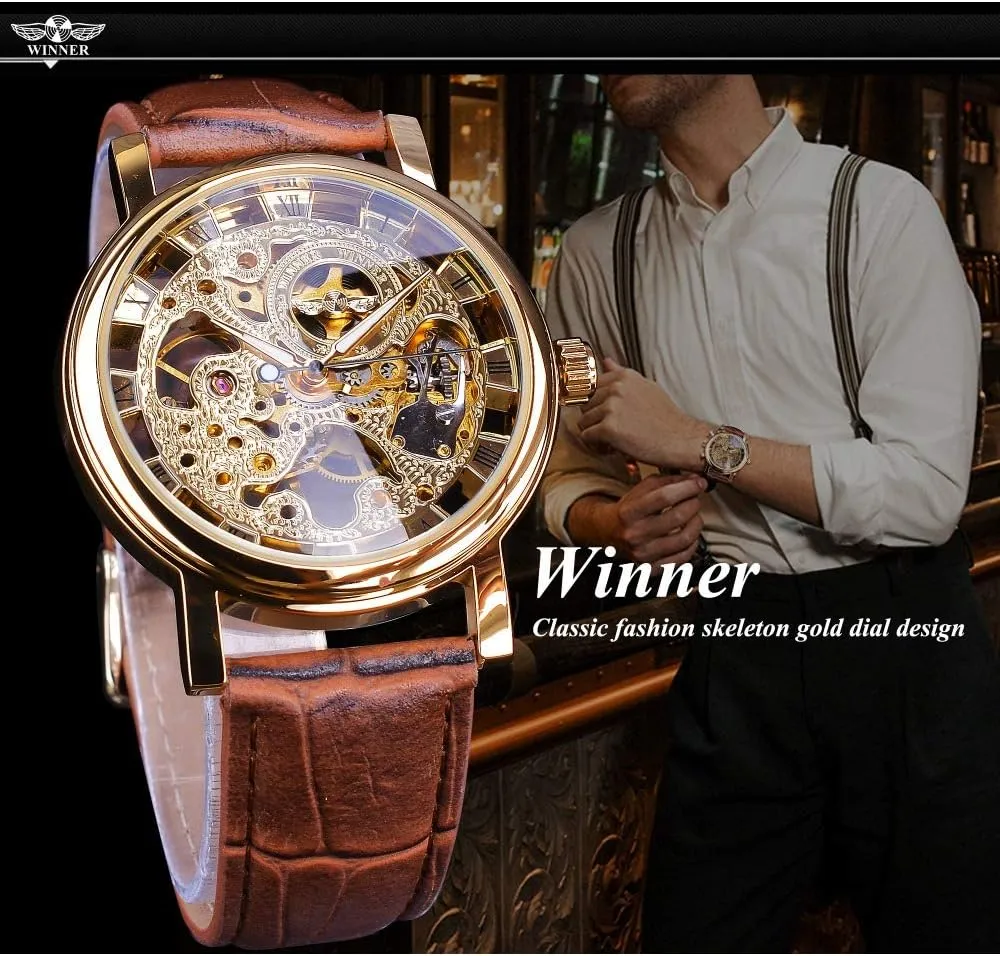 Transparent Fashion Case Luxury Casual Design Leather Strap Mens Watches Top Brand Luxury Mechanical Skeleton Watch