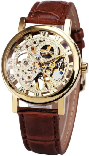 Transparent Fashion Case Luxury Casual Design Leather Strap Mens Watches Top Brand Luxury Mechanical Skeleton Watch