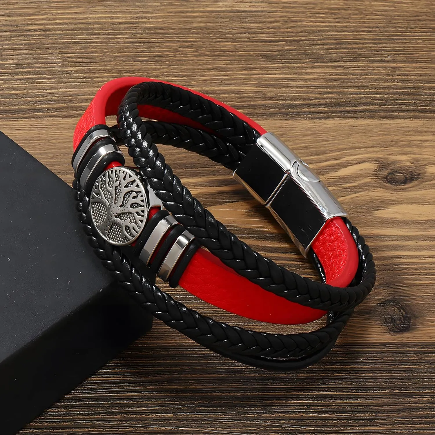 Tree of Life Leather Bracelet for Men, Multi-Layer Braided Religious Mens Cuff Bracelets with Alloy Clasp Anniversary Father's Day Birthday Christmas Jewelry Gifts for Him