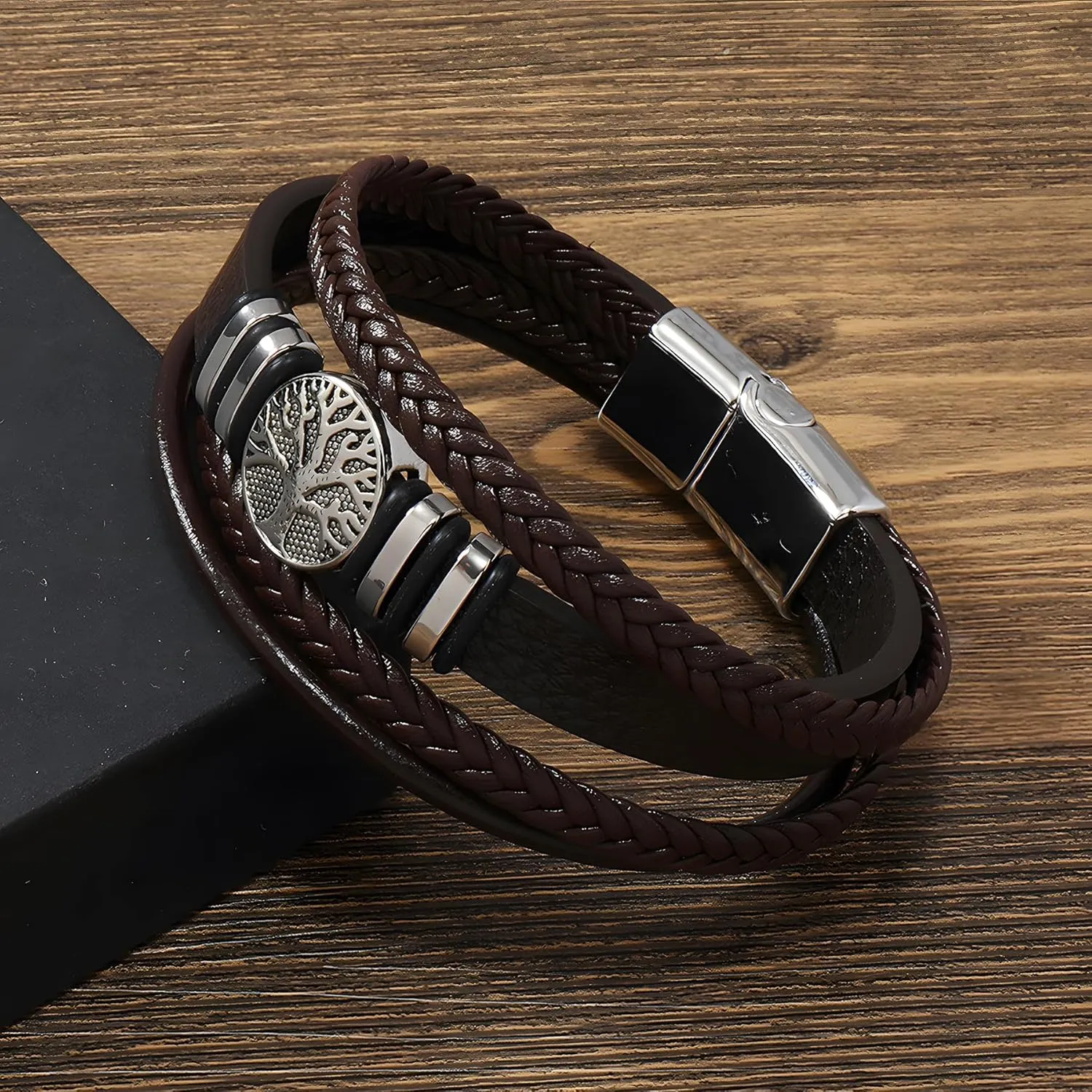 Tree of Life Leather Bracelet for Men, Multi-Layer Braided Religious Mens Cuff Bracelets with Alloy Clasp Anniversary Father's Day Birthday Christmas Jewelry Gifts for Him