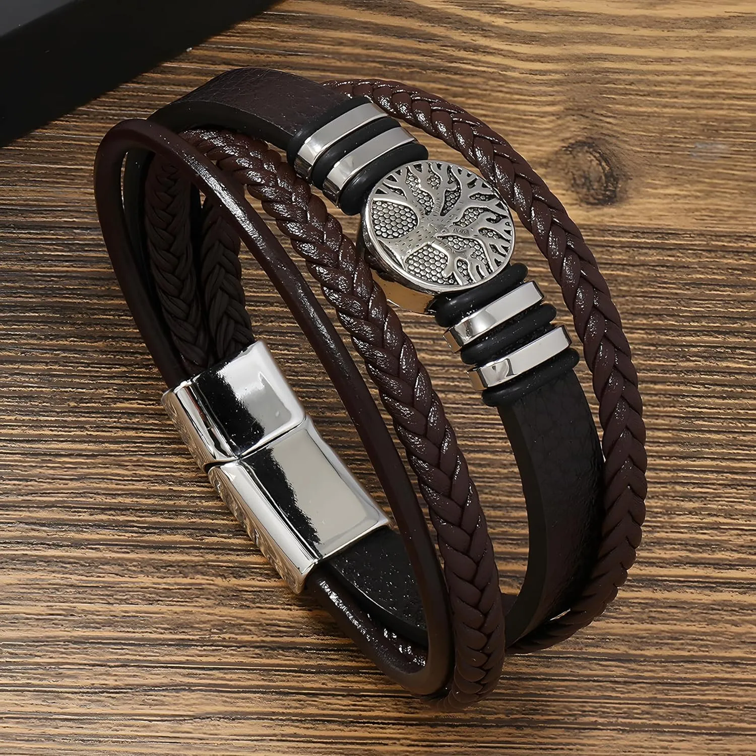 Tree of Life Leather Bracelet for Men, Multi-Layer Braided Religious Mens Cuff Bracelets with Alloy Clasp Anniversary Father's Day Birthday Christmas Jewelry Gifts for Him