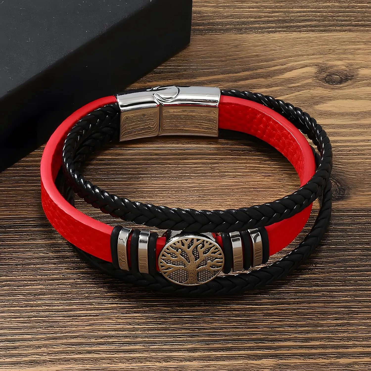 Tree of Life Leather Bracelet for Men, Multi-Layer Braided Religious Mens Cuff Bracelets with Alloy Clasp Anniversary Father's Day Birthday Christmas Jewelry Gifts for Him