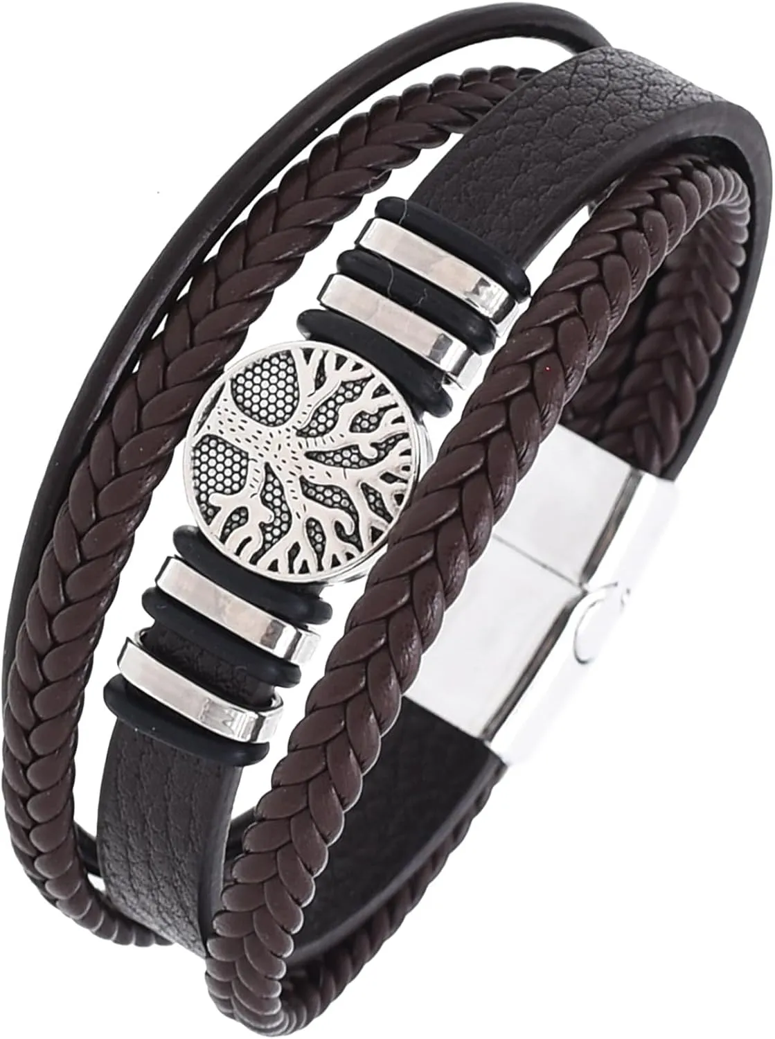 Tree of Life Leather Bracelet for Men, Multi-Layer Braided Religious Mens Cuff Bracelets with Alloy Clasp Anniversary Father's Day Birthday Christmas Jewelry Gifts for Him