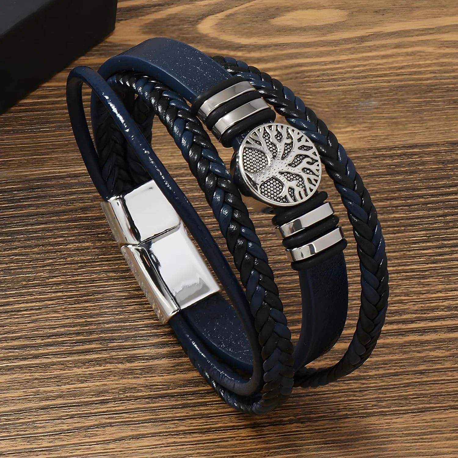 Tree of Life Leather Bracelet for Men, Multi-Layer Braided Religious Mens Cuff Bracelets with Alloy Clasp Anniversary Father's Day Birthday Christmas Jewelry Gifts for Him