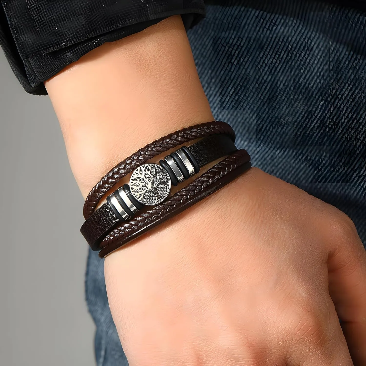 Tree of Life Leather Bracelet for Men, Multi-Layer Braided Religious Mens Cuff Bracelets with Alloy Clasp Anniversary Father's Day Birthday Christmas Jewelry Gifts for Him