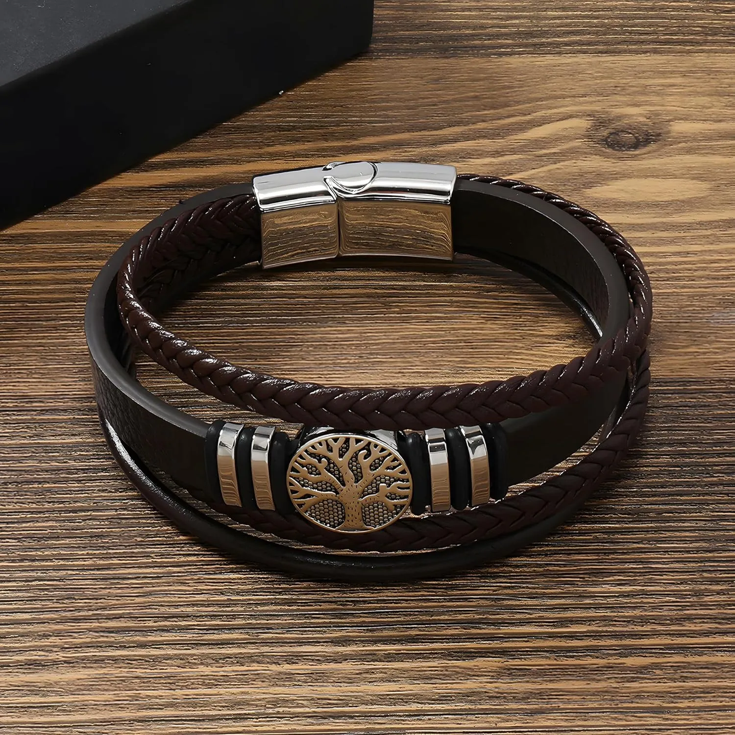 Tree of Life Leather Bracelet for Men, Multi-Layer Braided Religious Mens Cuff Bracelets with Alloy Clasp Anniversary Father's Day Birthday Christmas Jewelry Gifts for Him