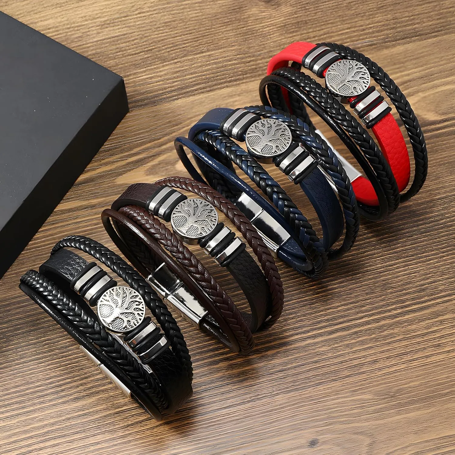 Tree of Life Leather Bracelet for Men, Multi-Layer Braided Religious Mens Cuff Bracelets with Alloy Clasp Anniversary Father's Day Birthday Christmas Jewelry Gifts for Him