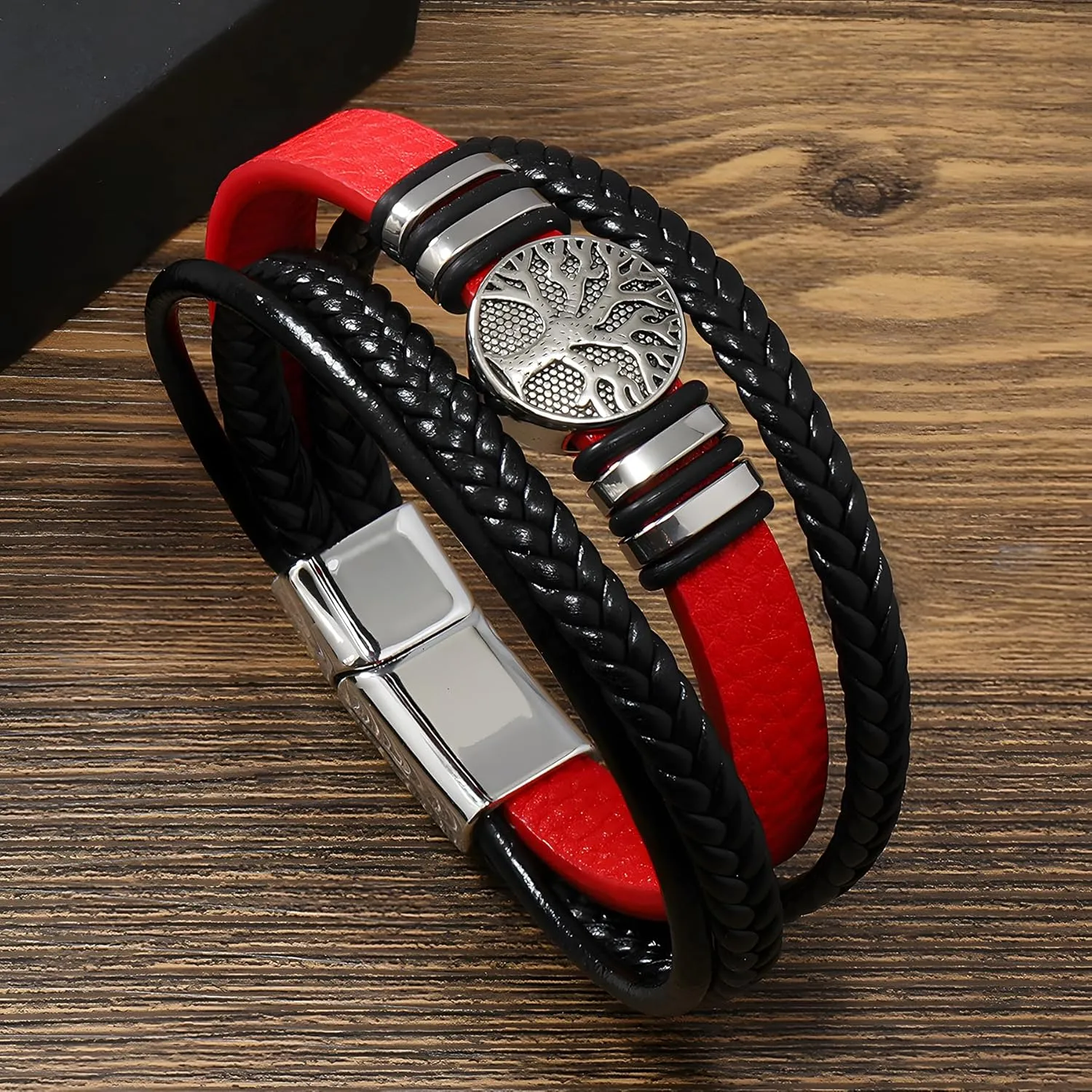 Tree of Life Leather Bracelet for Men, Multi-Layer Braided Religious Mens Cuff Bracelets with Alloy Clasp Anniversary Father's Day Birthday Christmas Jewelry Gifts for Him