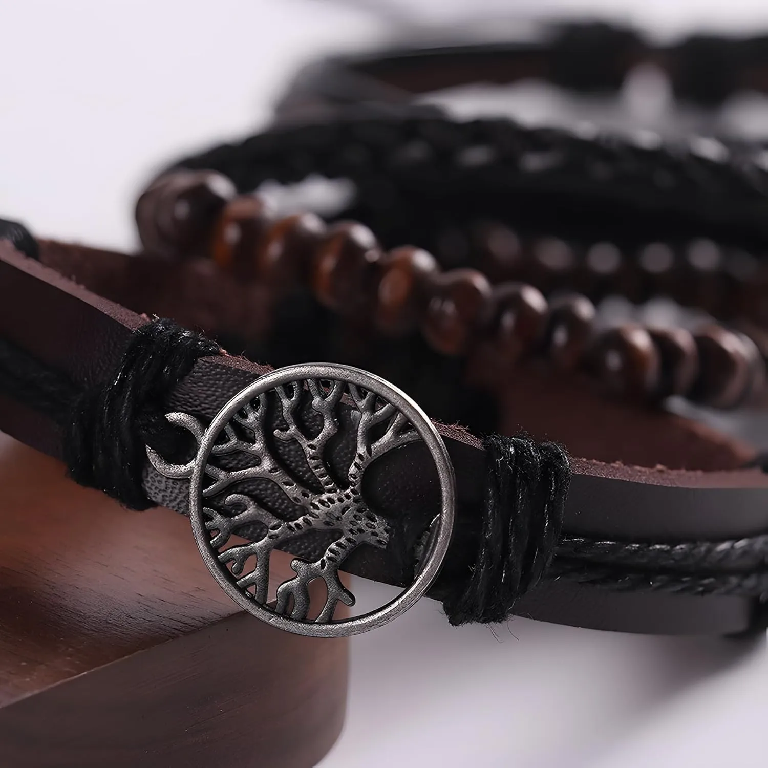 Tree of Life Leather Bracelets for Men, Multi-Layer Braided Cuff Bracelet Vintage Religious Retro Patterns Boho Charms Women Anniversary Birthday Christmas Jewelry Gifts for Him, Pcs of 4