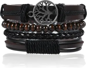 Tree of Life Leather Bracelets for Men, Multi-Layer Braided Cuff Bracelet Vintage Religious Retro Patterns Boho Charms Women Anniversary Birthday Christmas Jewelry Gifts for Him, Pcs of 4