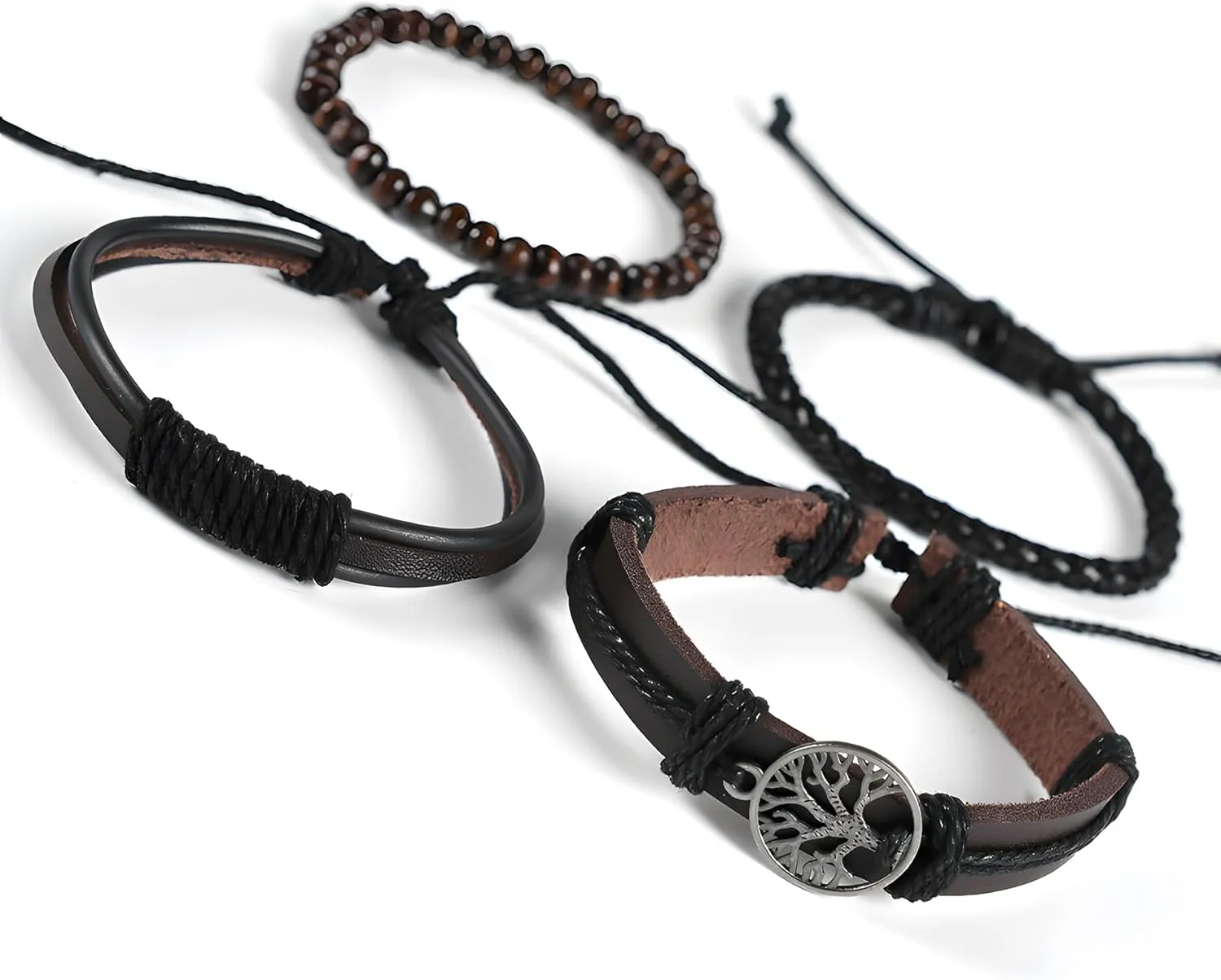 Tree of Life Leather Bracelets for Men, Multi-Layer Braided Cuff Bracelet Vintage Religious Retro Patterns Boho Charms Women Anniversary Birthday Christmas Jewelry Gifts for Him, Pcs of 4