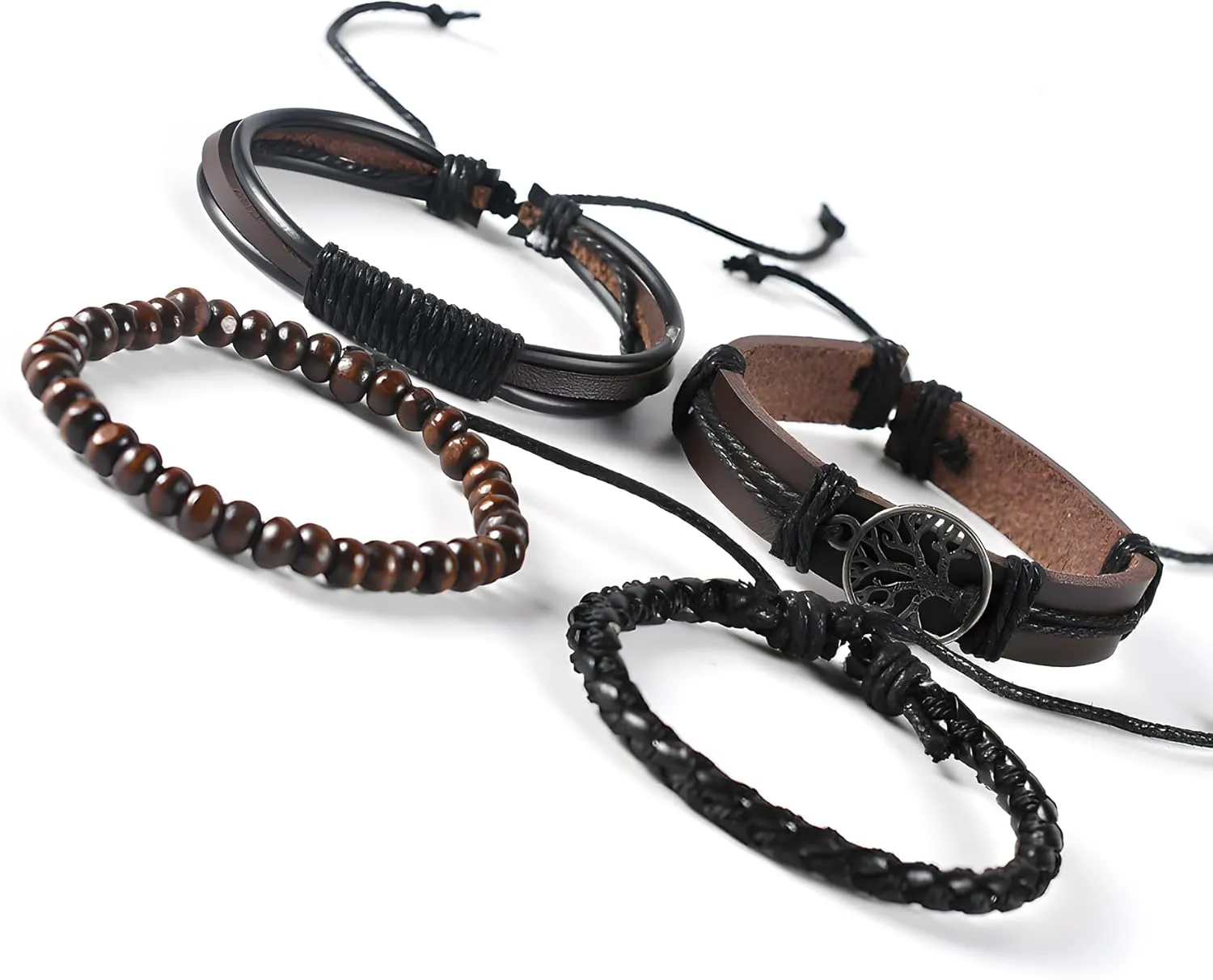 Tree of Life Leather Bracelets for Men, Multi-Layer Braided Cuff Bracelet Vintage Religious Retro Patterns Boho Charms Women Anniversary Birthday Christmas Jewelry Gifts for Him, Pcs of 4
