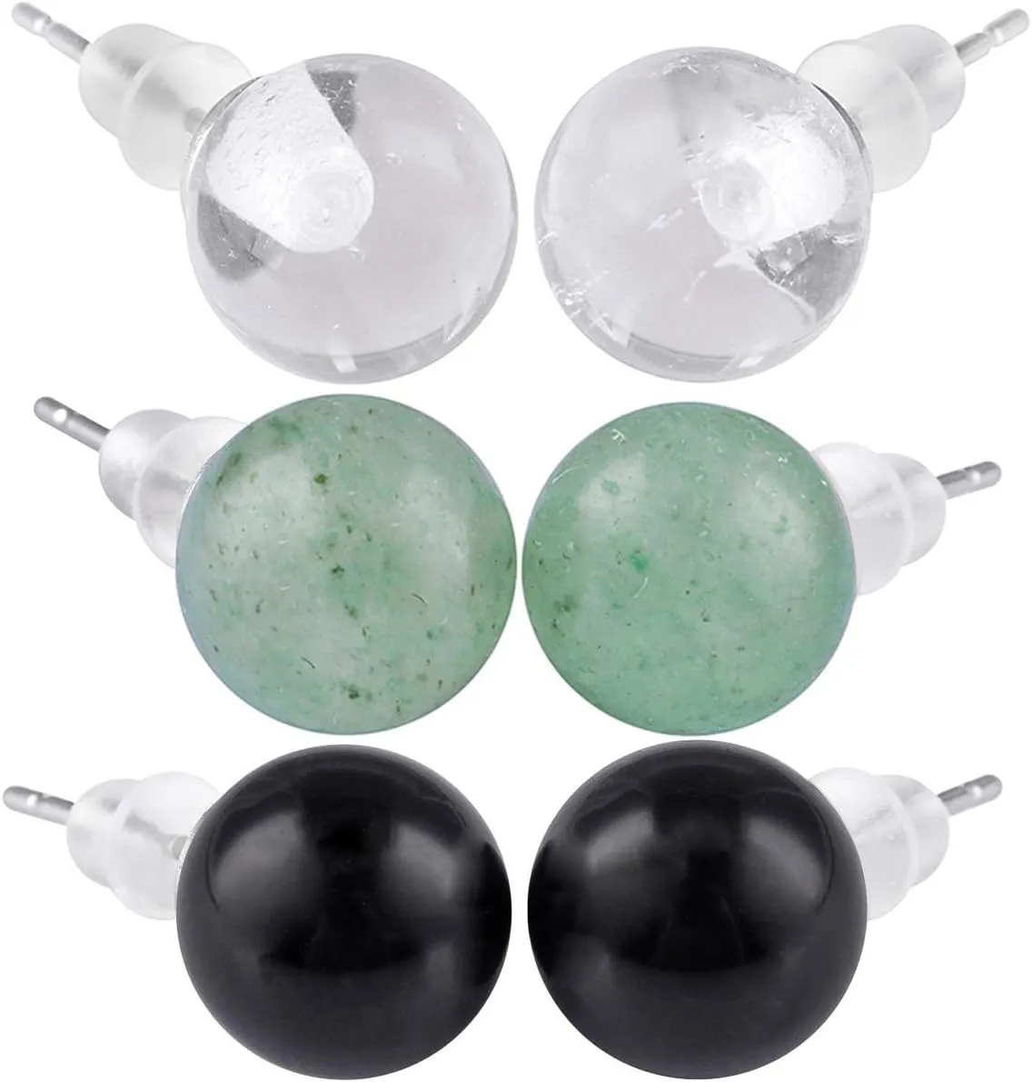 TUMBEELLUWA Pack of 3 Crystal Stone Stud Earrings Sets for Women, Round Polished Quartz Stone Bead Earrings with Earring Backs for Unisex