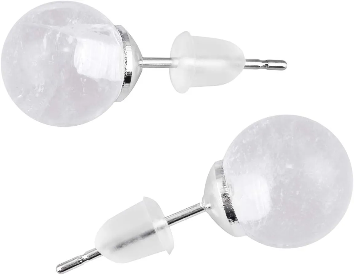 TUMBEELLUWA Pack of 3 Crystal Stone Stud Earrings Sets for Women, Round Polished Quartz Stone Bead Earrings with Earring Backs for Unisex