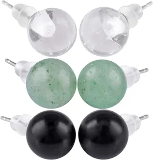 TUMBEELLUWA Pack of 3 Crystal Stone Stud Earrings Sets for Women, Round Polished Quartz Stone Bead Earrings with Earring Backs for Unisex