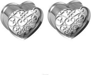 Tunnel Gauges, 2PCS Stainless Steel Ear Plugs Polished Hollow Heart Gauge Plugs Body Piercings Jewelry