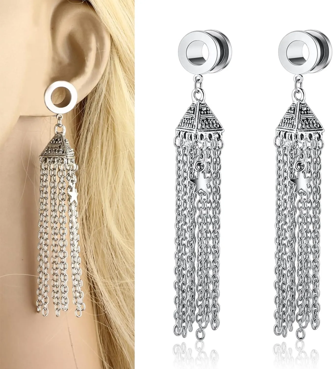 Tunnel Gauges, 2PCS Stainless Steel Tunnel Set Cone with Star Tassel Dangle Ear Gauges 2G Piercing Jewelry