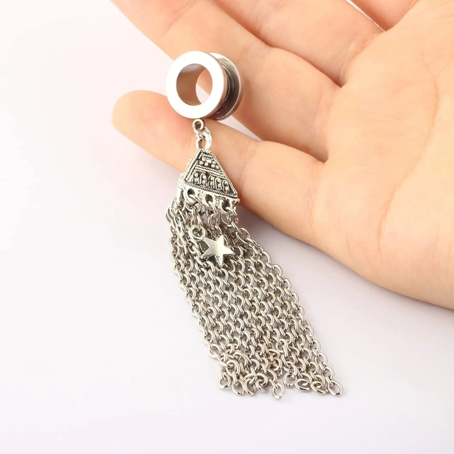 Tunnel Gauges, 2PCS Stainless Steel Tunnel Set Cone with Star Tassel Dangle Ear Gauges 2G Piercing Jewelry