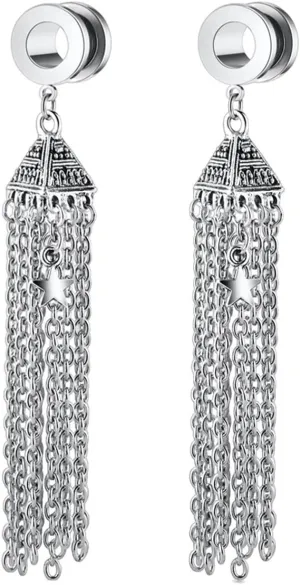 Tunnel Gauges, 2PCS Stainless Steel Tunnel Set Cone with Star Tassel Dangle Ear Gauges 2G Piercing Jewelry
