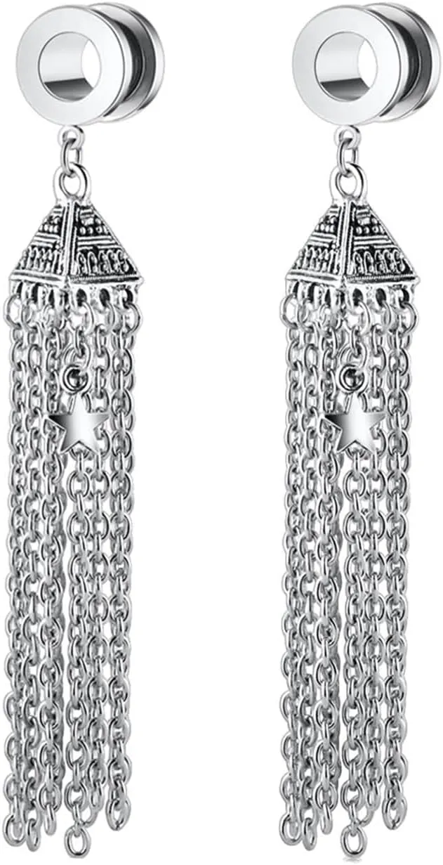 Tunnel Gauges, 2PCS Stainless Steel Tunnel Set Cone with Star Tassel Dangle Ear Gauges 2G Piercing Jewelry