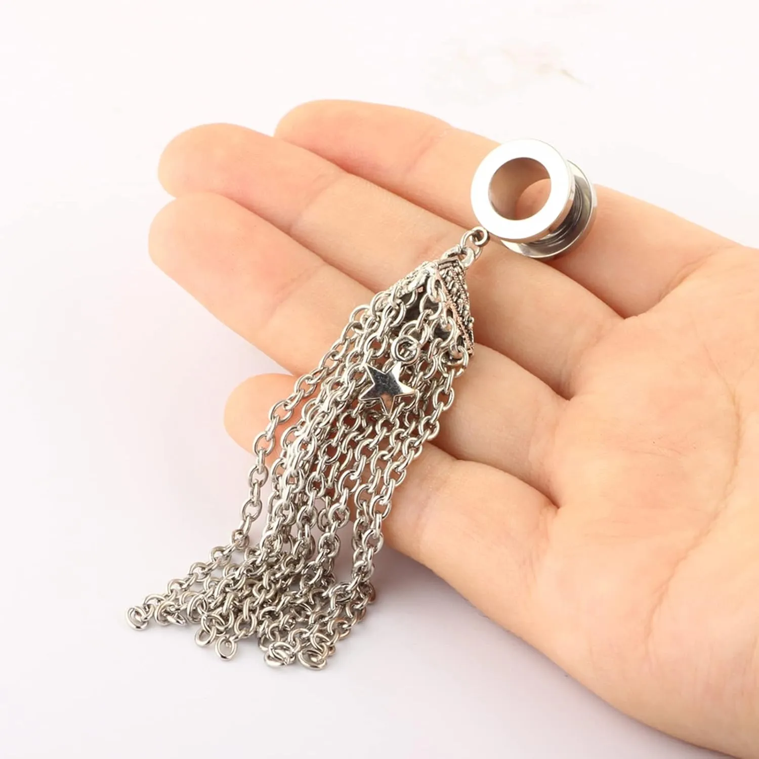 Tunnel Gauges, 2PCS Stainless Steel Tunnel Set Cone with Star Tassel Dangle Ear Gauges 2G Piercing Jewelry