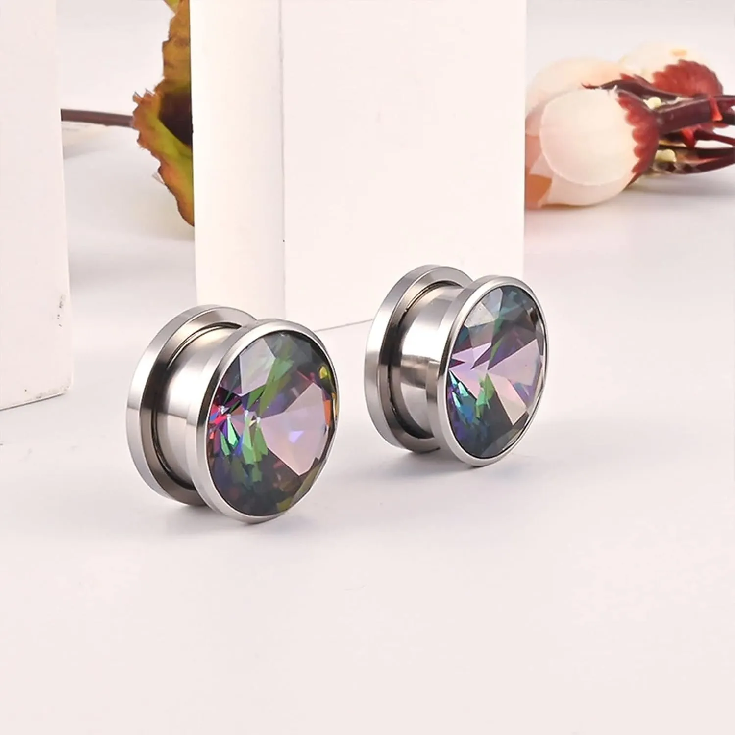 Tunnels Gauges, 2PCS Stainless Steel Ear Gauges Polished Round with Colorful Cubic Zirconia Ear Gauges Piercings Jewelry