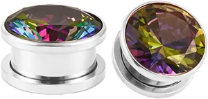 Tunnels Gauges, 2PCS Stainless Steel Ear Gauges Polished Round with Colorful Cubic Zirconia Ear Gauges Piercings Jewelry