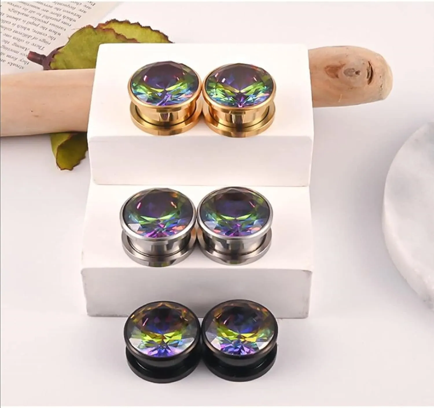 Tunnels Gauges, 2PCS Stainless Steel Ear Gauges Polished Round with Colorful Cubic Zirconia Ear Gauges Piercings Jewelry