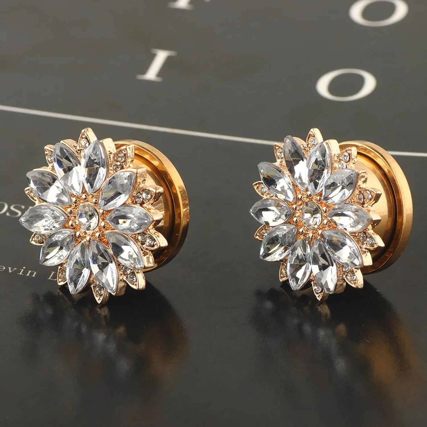 Tunnels Gauges, 2PCS Stainless Steel Tunnel Set Flower with Cubic Zirconia Ear Gauges 00G Ear Piercing Jewelry