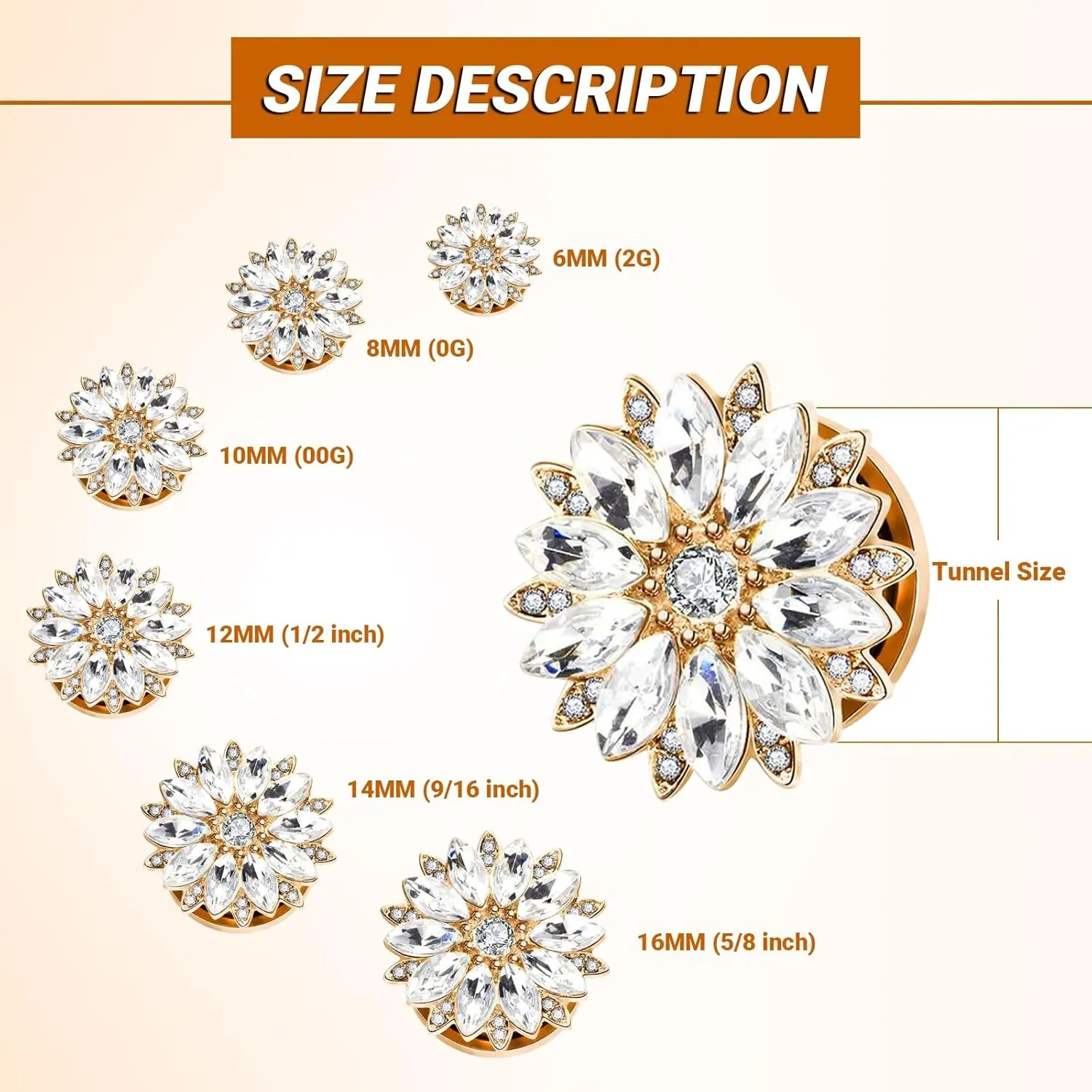 Tunnels Gauges, 2PCS Stainless Steel Tunnel Set Flower with Cubic Zirconia Ear Gauges 00G Ear Piercing Jewelry