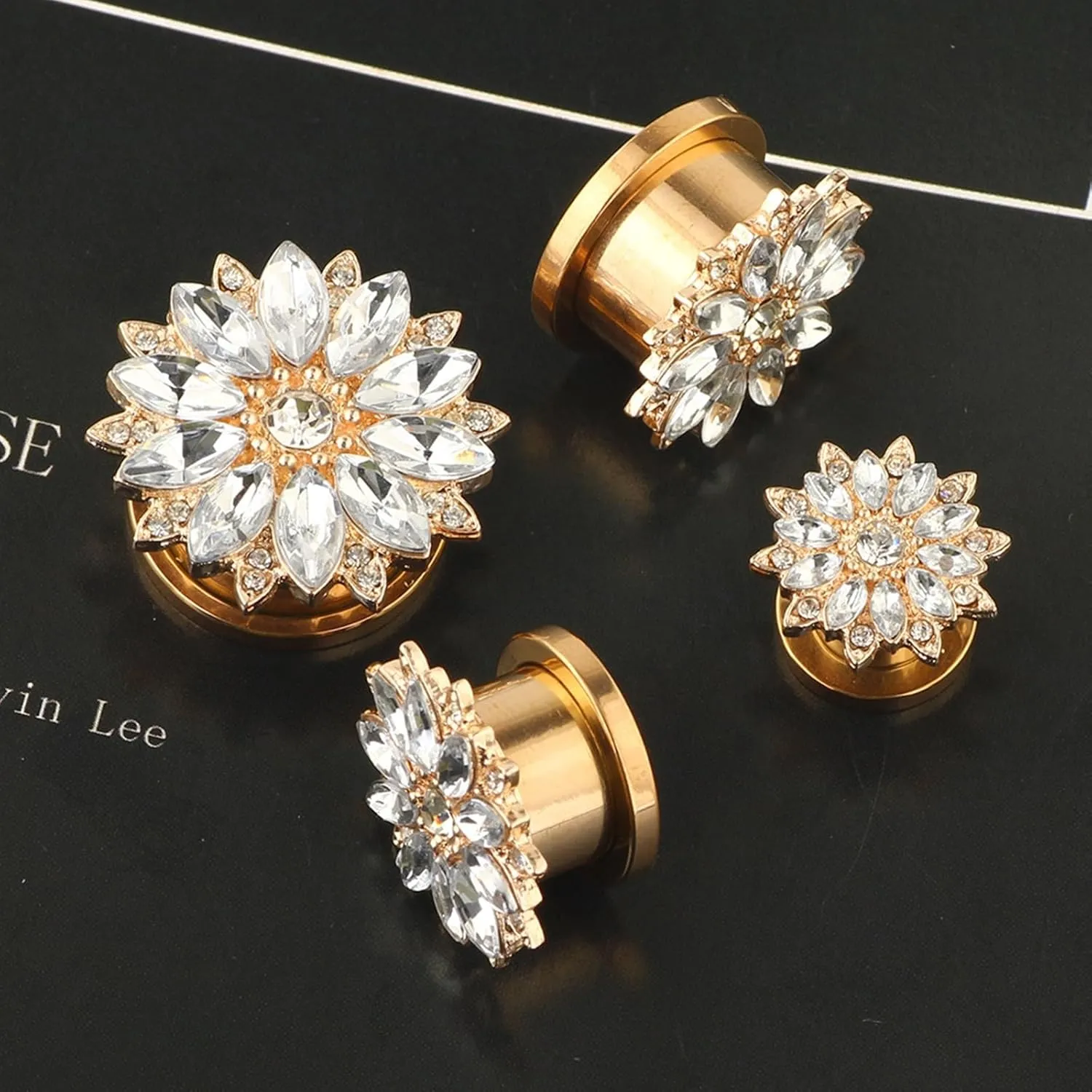 Tunnels Gauges, 2PCS Stainless Steel Tunnel Set Flower with Cubic Zirconia Ear Gauges 00G Ear Piercing Jewelry