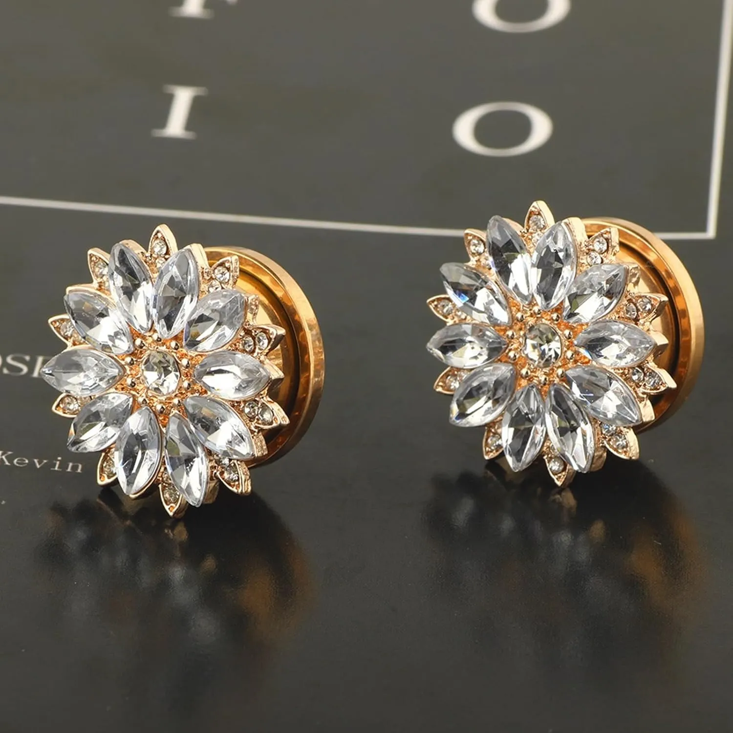 Tunnels Gauges, 2PCS Stainless Steel Tunnel Set Flower with Cubic Zirconia Ear Gauges 00G Ear Piercing Jewelry