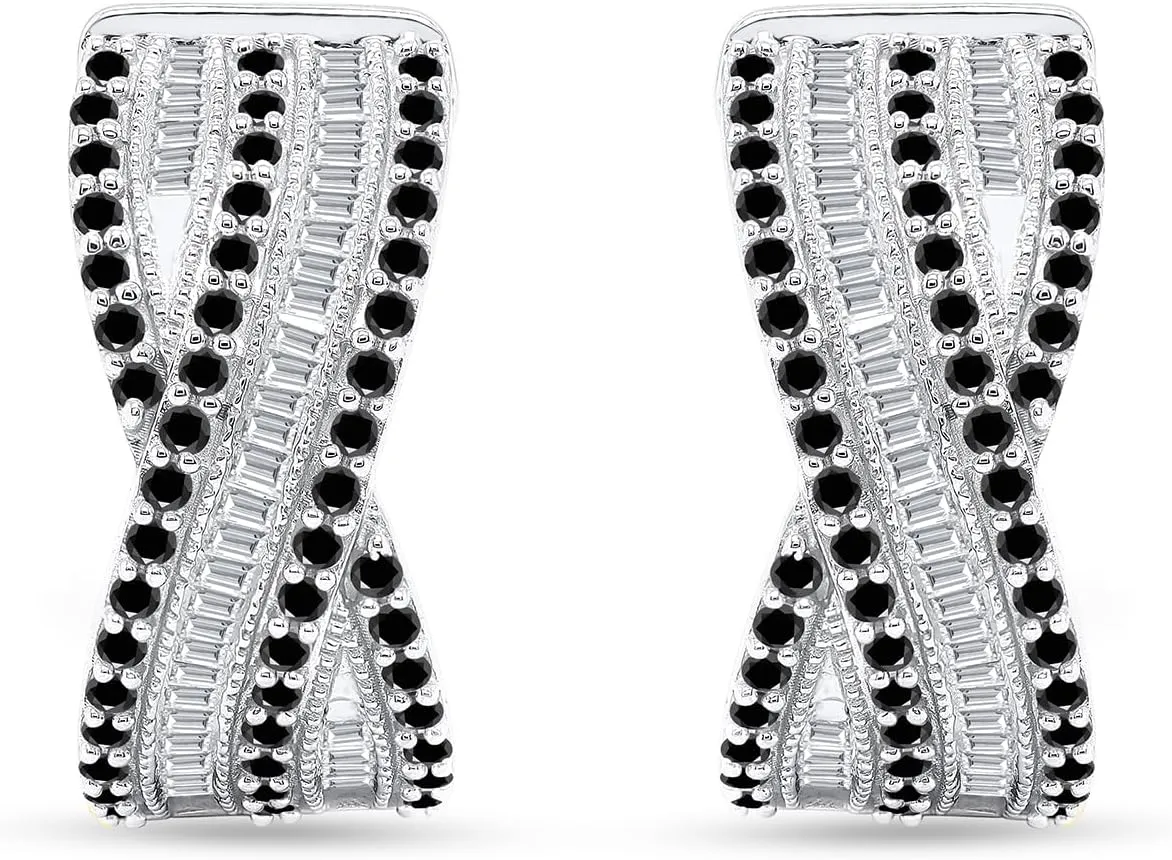 Twisted Sparkly Black Onyx & Cubic Zirconia Huggie Hoop Earrings High Polished Hypoallergenic Earrings - 2.25 carat (ctw) Simulated Diamond Hoop Huggies Women's Earrings Sterling Silver
