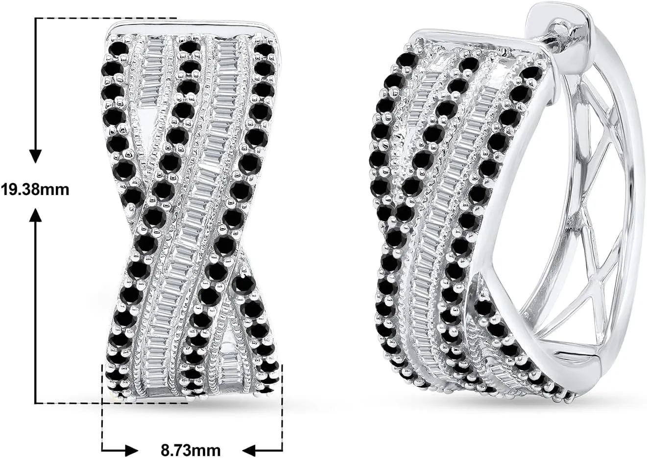 Twisted Sparkly Black Onyx & Cubic Zirconia Huggie Hoop Earrings High Polished Hypoallergenic Earrings - 2.25 carat (ctw) Simulated Diamond Hoop Huggies Women's Earrings Sterling Silver