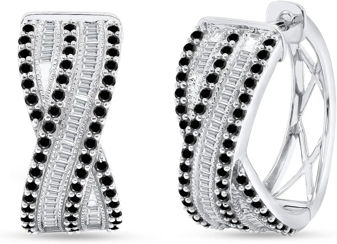 Twisted Sparkly Black Onyx & Cubic Zirconia Huggie Hoop Earrings High Polished Hypoallergenic Earrings - 2.25 carat (ctw) Simulated Diamond Hoop Huggies Women's Earrings Sterling Silver